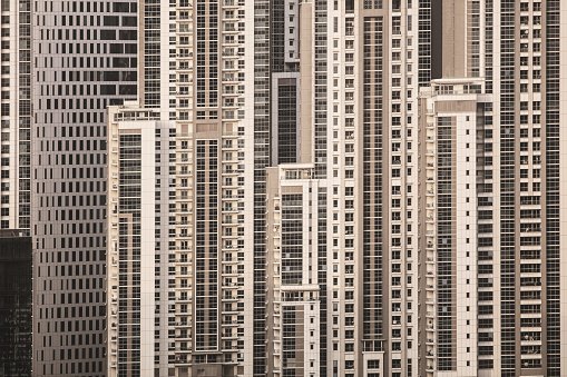 Close view of high-rise facades in warm light