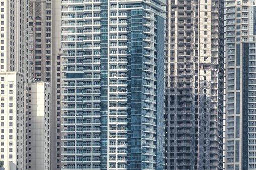 High-rise residential towers with panel cladding and glazing