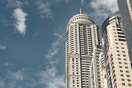 Close view of towers with warm cladding